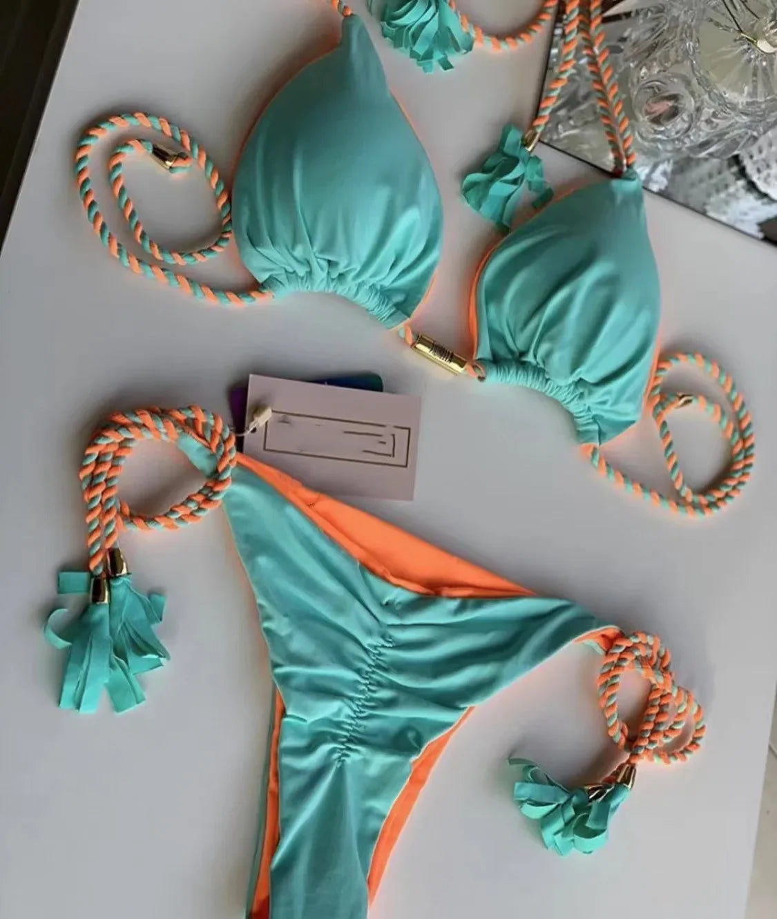 Multicolor Backless Rope Triangle Bikini Swimsuit